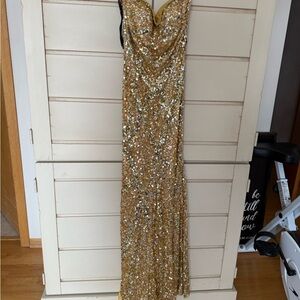 2009 Vintage Gold Sequin Strapless Gown with Ties on Back